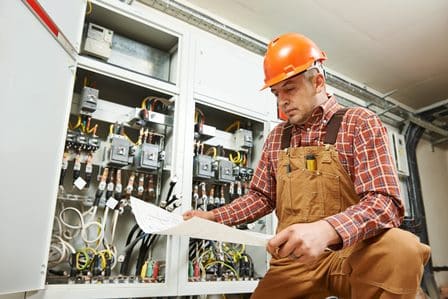 Electrical Engineering in circuit room.